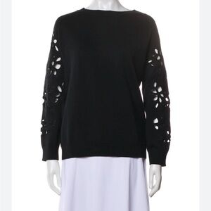 Chinti and Parker Bateau Neckline Black Floral Cutout Sleeve Knit Sweater